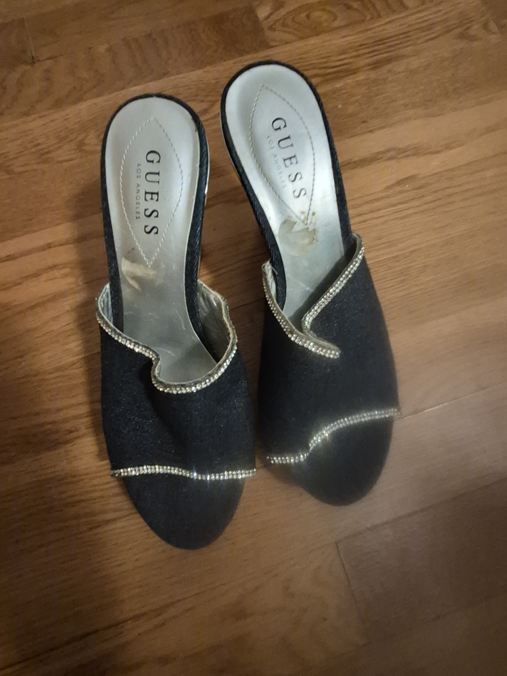 GUESS DENIM Mules with Gold Rhinestone Trim Size 8